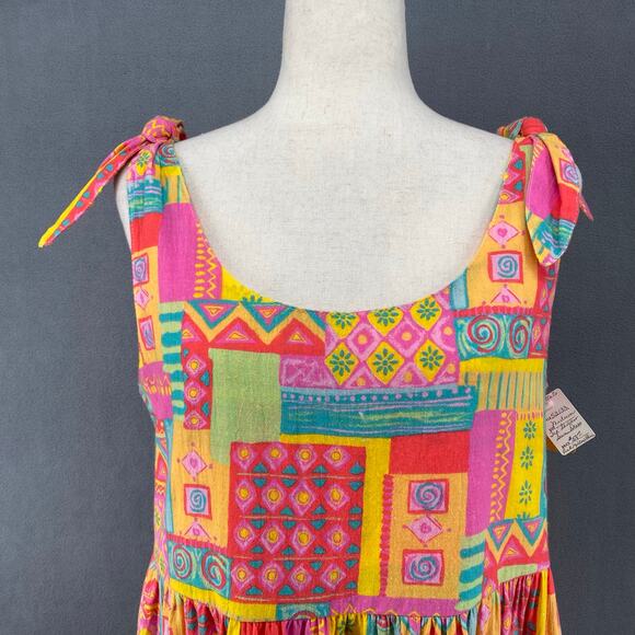 Vtg 80s 90s Two Potato Retro Artsy Midi Tiered Tie Shoulder Dress M Resort Wear - Picture 5 of 16